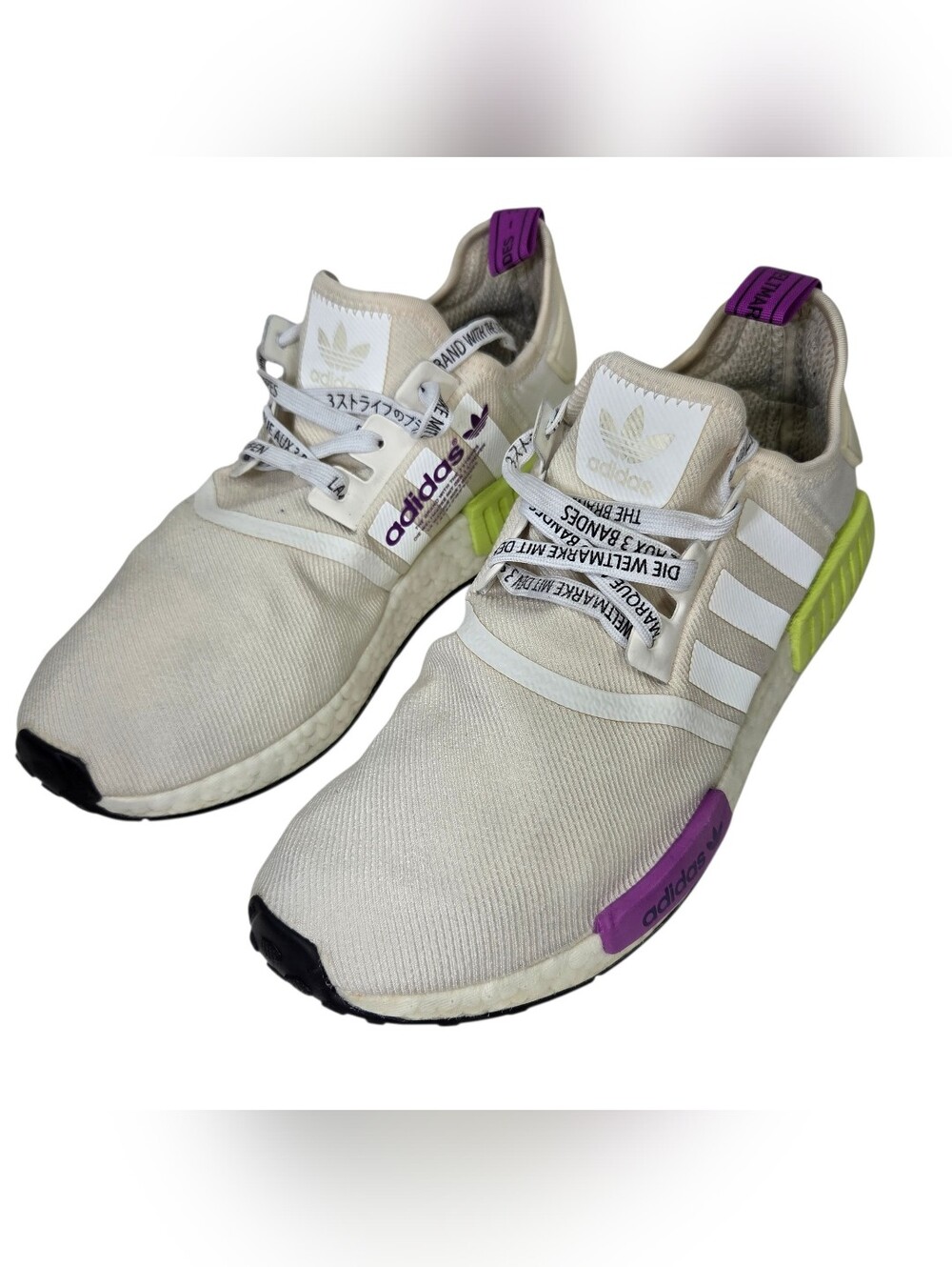 adidas White Sneakers with Purple Logo and Lime Accents. Size 11